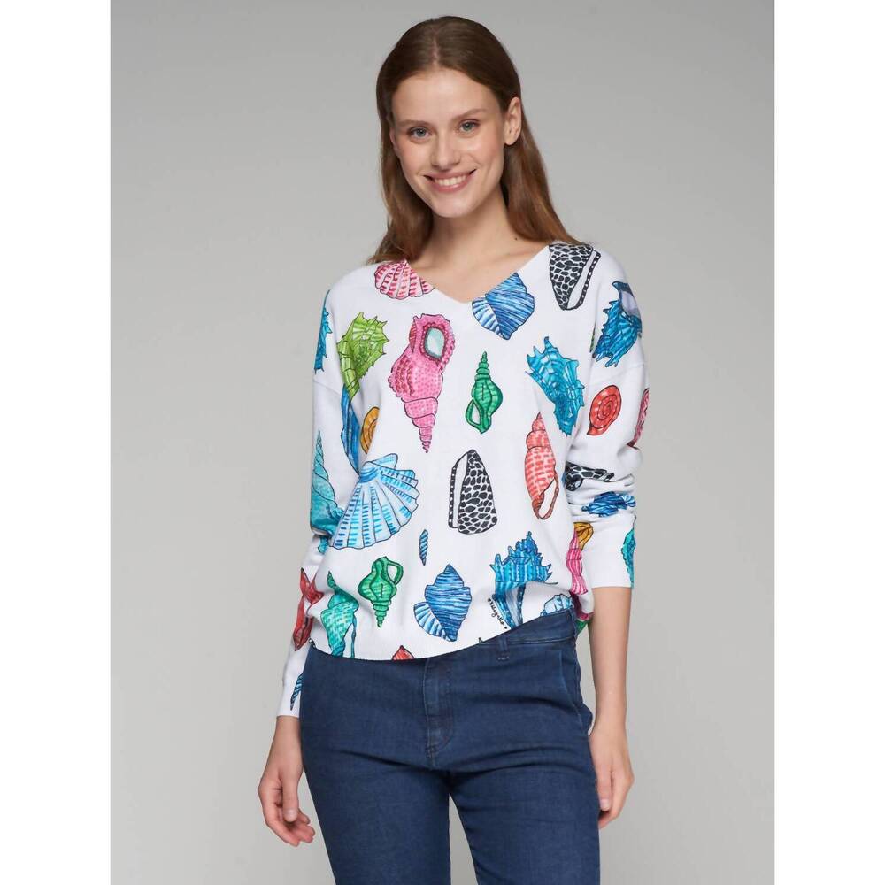 NEW VILAGALLO estampado manga conch shells soft knit sweater in multi brights